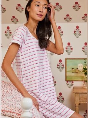 LAKE Pima Nightgown Pink Stripe Short Sleeve Nightshirt Size XL